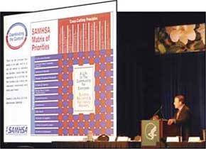 photo of SAMHSA Administrator Charles Curie standing beside the SAMHSA matrix of priorities as he addresses participants at a recent conference