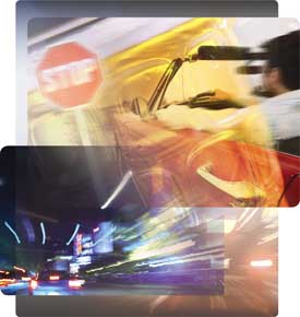 photo collage of cars cruising at high speed at night in the city, photo of front windshield of a speeding car, and photo of speeding red convertible car neglecting stop signal