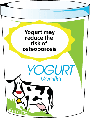 Drawing of a package of yogurt. At the top of the principal display panel, surrounded by a sunburst, is "Yogurt may reduce the risk of osteoporosis". The rest of the panel reads "Vanilla Yogurt. 6oz (170g)."