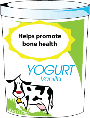 Drawing of a package of yogurt. At the top of the principal display panel, surrounded by a sunburst, is "Helps promote bone health". The rest of the panel reads "Vanilla Yogurt. 6oz (170g)."