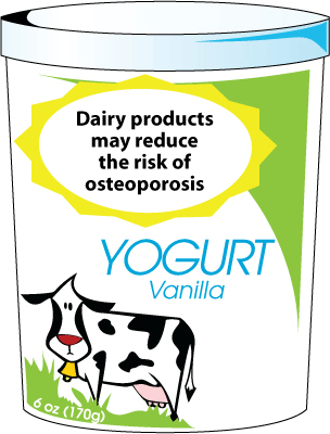 Drawing of a package of yogurt. At the top of the principal display panel, surrounded by a sunburst, is "Dairy products may reduce the risk of osteoporosis". The rest of the panel reads "Vanilla Yogurt. 6oz (170g)."