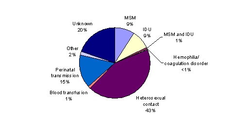 Bar Chart containing the following data...
MSM, 9%
IDU, 9%
MSM and IDU, 1%
Hemophilia/ coagulation disorder, 0%
Heterosexual contact, 43%
Blood transfusion, 1%
Perinata transmission, 15%
Other, 2%
Unknown, 20%