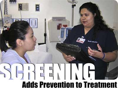 Screening Adds Prevention to Treatment - photo of health educator practicing screening questions with a colleague as a patient