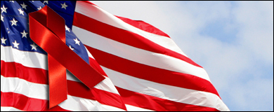 American flag overlaid with red ribbon