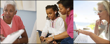 Photo collage: a healthcare professional; a mother and daughter listening to a podcast; a woman reading a computer screen.