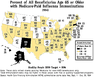 Map: Percent of All Beneficiaries Age 65 or Older with Medicare-Paid Influenza Immunizations (1994)