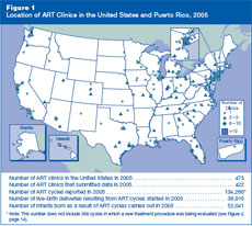 Figure 1 Location of ART Clinics in the United States and Puerto Rico, 2005.