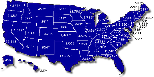 Number of nonfatal traumatic brain injury (TBI) hospitalization cases in 1998, listed by state.