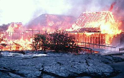 The Wahaula visitor Center in Hawaii engulfed by lava flow and flames