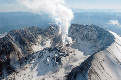 Aerial view of a steaming Mount Saint Helens, Washington, February 2005