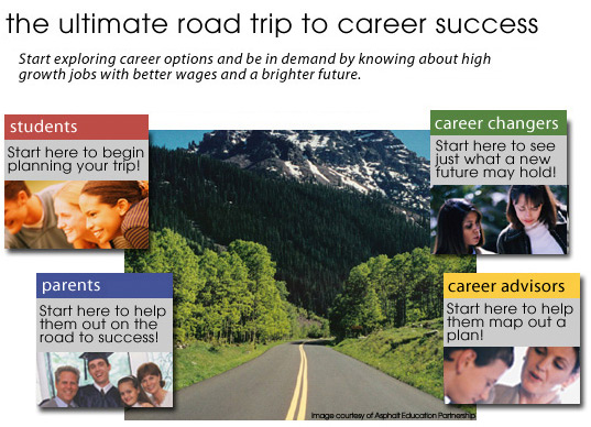 The Ultimate Road Trip to Career Success - Start exploring career options and be in demand by knowing about high growth jobs with better wages and a brighter future. - copyright © 2006 Asphalt Education Partnership - used with permission