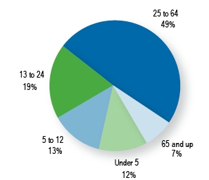 Pie chart showing percentages of health center patients in five age groups in 2007.
