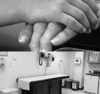 Child's hand holding an senior's hand; examination room at Morris Heights health center