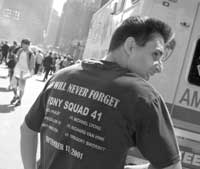 New York firefighter Chris Agazzi at a 9/11 remembrance ceremony at Ground Zero, September, 11, 2002