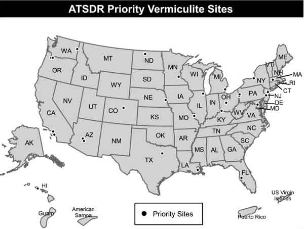 Map of ATSDR Priority Vermiculite Sites