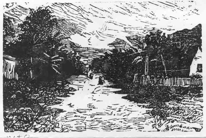 Image of an early Ohio landscape done as a woodcut