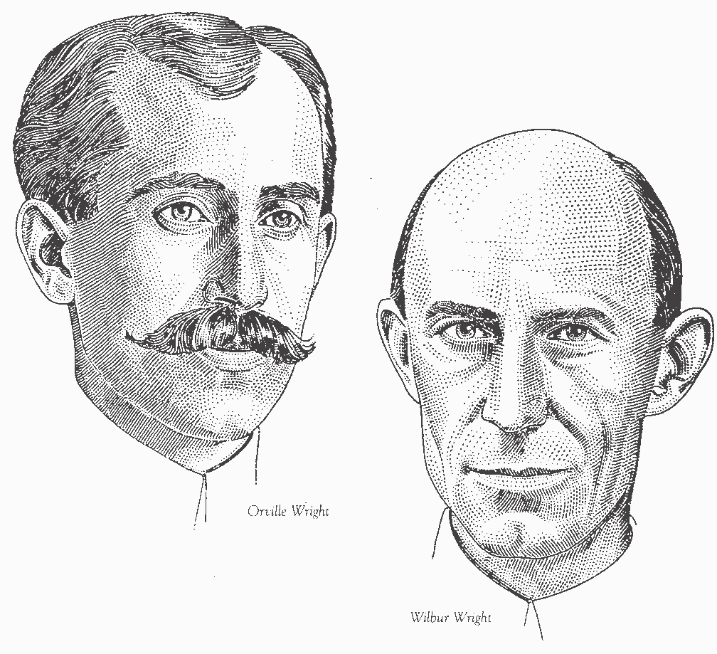 Image of a woodcut which shows both Wilbur and Orville Wright as young men