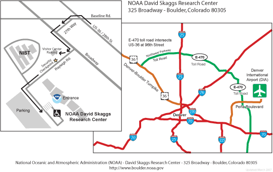 Map of driving route from DIA to Boulder and NOAA.