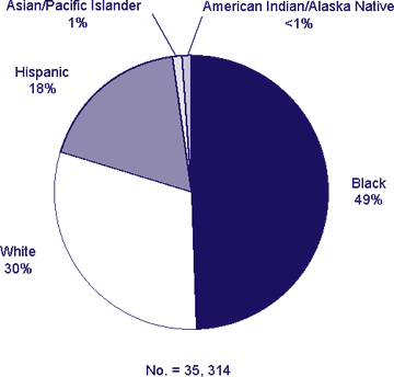 Race/ethnicity of persons with a new HIV diagnosis in 2006
		
Asian/Pacific Islanders 1%
American Idian/Alaska Native <1%
Black 49%
Whilt 30%
Hispanic 18%
No. 35,314