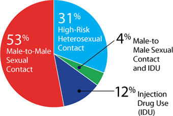 This pie chart, figure 3, shows the estimated new HIV infections in 2006 by transmission category. Male-to-male sexual contact accounted for 53 percent, high-risk heterosexual contact accounted for 31 percent, injection drug use accounted for 12 percent and cases that were both male-to-male sexual contact and injection drug use accounted for 4 percent of the estimated new HIV infections in 2006.