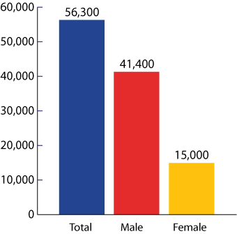 This bar chart, numbered 6, shows the estimated new HIV infections in 2006 by gender and overall. Overall, there were 56,300 new cases of HIV infection in 2006. Men accounted for 41,400 new cases, women accounted for 15,000 new cases. Estimates from subgroups do not add to total due to rounding.
