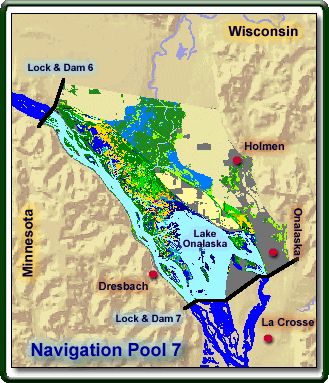 Image of a map from Pool 7 lock and dam 7, located near Dresbach, Minnesota upstream to Lock & Dam 6