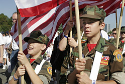 Members of the Shenandoah Valley Young Marines from Front Royal, Va., march in the 2008 National America Supports You Freedom Walk in Washington, D.C., Sept. 7, 2008. Defense Dept. photo by Linda Hosek