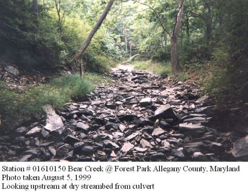 Station #01610150 Bear Creek at Forest Park Allegany County, Maryland. Looking upstream at dry streambed from culvert.