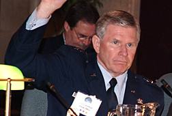 Air Force Lieutenant General Harry D. Raduege, Jr., Director of the Defense Information Systems Agency (DISA) and former Manager of the National Communications System, awaits a chance to address members of the President’s National Security Telecommunications Advisory Committee (NSTAC) during the committee’s executive session held May 11 at the U.S. Chamber of Commerce. 