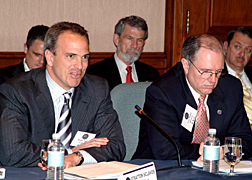 VeriSign Chairman and Chief Executive Officer Stratton Sclavos (left) addresses national security and emergency preparedness issues during the President’s National Security Telecommunications Advisory Committee (NSTAC) Executive Session, held at the U.S. Chamber of Commerce in Washington May 11. Next to Sclavos is Craig Mundie, Microsoft’s Senior Vice President and Chief Technical Officer, Advanced Strategies and Policy.