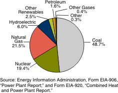 Pie chart showing: Coal, 48.7%; Nuclear, 19.4%; Natural Gas, 21.5%; Hydroelectric, 6.0%; Other Renewables, 2.5%; Petroleum, 1.6%; Other Gases, 0.4%; Other, 0.3%. Source: Energy Information Administration, Form EIA-906 'Power Plant Report;' and Form EIA-920, 'Combined Heat and Power Plant Report.'