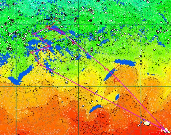 A image showing sea surface temperature as measured by satellite with annotations indicating areas of potential ghostnet concentrations.
