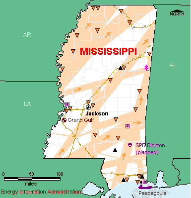 Mississippi Energy Map - If you are unable to view this image contact the National Energy Information Center at 202-586-8800 for assistance