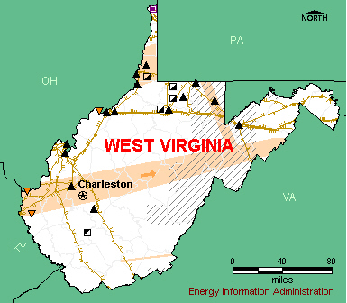 West Virginia Energy Map - If you are unable to view this image contact the National Energy Information Center at 202-586-8800 for assistance
