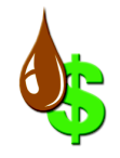 This graphic is a little icon depicting a droplet of crude oil overlapping the dollar symbol.