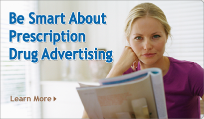 A woman looking at prescription drug advertising in a magazine. With Learn More button.