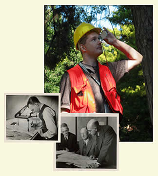 A large picture of FIA employee using clinometer to determine tree height.

Two smaller pictures from the first Forest Survey of the Lake States, 1933-1937; one showing an FIA employee doing photo interpretation and another picture showing three men studying an FIA map. (circa 1933)