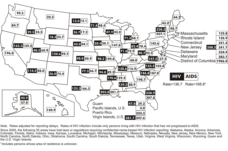 Map 1. Estimated rates for adults and adolescents living with HIV infection (not AIDS) or with AIDS (per 100,000 population), 2004—United States