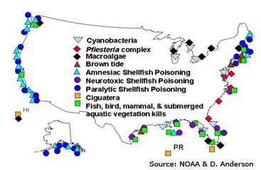 map of U S  showing major Harmful Algal Blooms-related events