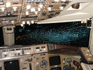 View of cracked windshield from inside flight deck