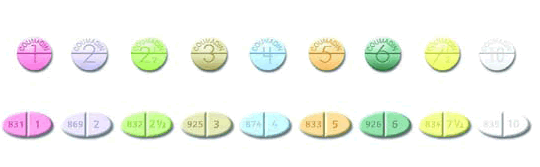 Picture of various brands of Coumadin(R) and generic warfarin that are in different colors. Nine Coumadin(R) pills are on the upper row, nine generic warfarin pills are on the lower row.
