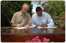 Secretary of the Interior Dirk Kempthorne and USVI Governor John de Jongh. At a press conferences on the islands of St. Croix and St. John, Kempthorne awarded more than $2.5 million in grants to the USVI from Interior’s Office of Insular Affairs.