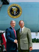 President George W. Bush met Jack Lehr upon arrival in Columbus, Ohio, on Thursday, August 5, 2004.  Lehr is an active tutor with St. John Learning Center in Columbus.