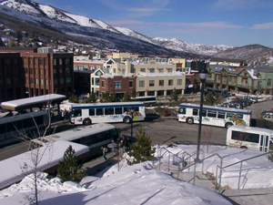 Several Park City Transit buses moving through the Transit Center. Learn more about: http://www.parkcity.org/citydepartments