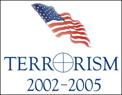 Cover for Terrorism 2002-2005, FBI Counterterrorism Division. Bald eagle image, with USA flag in background