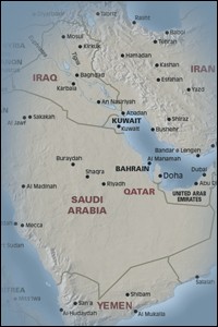 Map of Saudi Arabia including parts of Iraq, Iran, Kuwait, Qatar, United Arab Emirates, and Yemen.