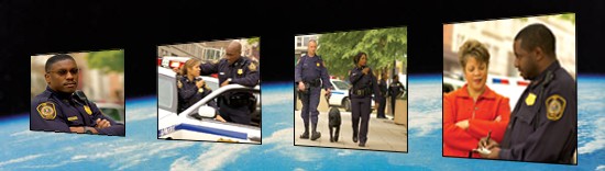 Photos of FBI police officers at FBI Headquarters. Background image: photo of earth from space.