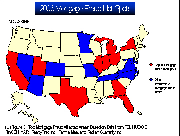 Figure 3. The top ten mortgage fraud areas for 2006 were California, Florida, Georgia, Illinois, Indiana, Michigan, New York, Ohio, Texas, and Utah. Other areas significantly affected by mortgage fraud include Arizona, Colorado, Maryland, Minnesota, Missouri, Nevada, North Carolina, Tennessee, and Virginia.