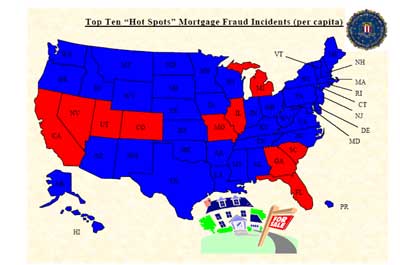 Top Ten Hot Spots Mortgage Fraud Incidents (per capital).  California, Nevada, Utah, Colorado, Missouri, Illinoiss, Georga, South Carolina, Florida, and Michigan are in red.  All other states are in blue.