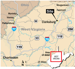 Detail map of Clarksburg, West Virginia